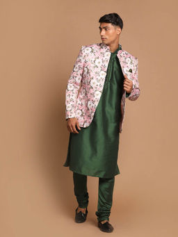 Vastramay - Mens Pink Green Poly Viscose Ethnic Jacket Kurta and Pyjama (Set of 3)