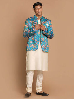 Vastramay - Mens Turquoise Blue Cream Viscose Ethnic Jacket Kurta and Pyjama (Set of 3)