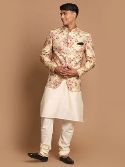 Vastramay - Mens Cream with Brown Viscose Jacket Kurta and Pyjama (Set of 3)