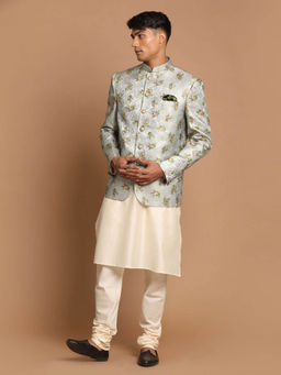 Vastramay - Mens Green with Cream Viscose Ethnic Kurta and Pyjama (Set of 3)