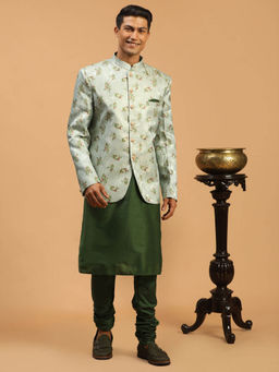 Vastramay - Mens Green Poly Viscose Kurta and Pyjama with Jacket (Set of 3)