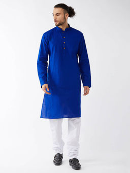 Vastramay - Mens Blue with White Cotton Linen Kurta and Pyjama (Set of 2)