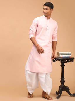 Vastramay - Mens Pink with White Cotton Blend Kurta and Dhoti (Set of 2)