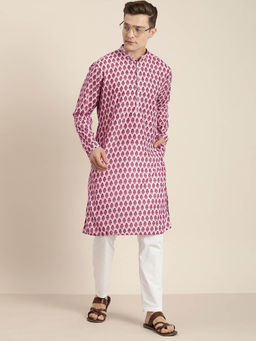 Vastramay - Mens Pink with White Cotton Blend Kurta and Pyjama (Set of 2)