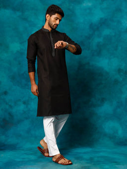 Vastramay - Mens Black with White Cotton Blend Kurta and Pyjama (Set of 2)