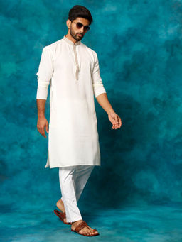Vastramay - Mens Cream with White Cotton Blend Kurta and Pyjama (Set of 2)