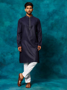 Vastramay - Mens Navy Blue with White Cotton Blend Kurta and Pyjama (Set of 2)