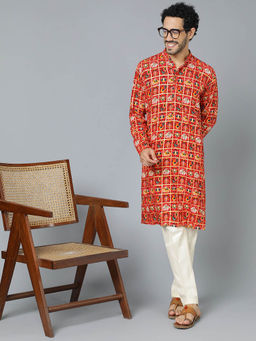 Vastramay - Mens Red with Cream Rayon Kurta and Pyjama (Set of 2)