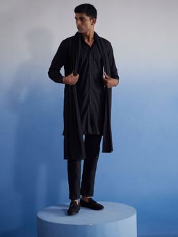 Vastramay - Mens Black Net Kurta Pyjama and Dupatta (Set of 3)