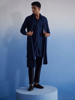 Vastramay - Mens Navy Blue Net Kurta Pyjama and Dupatta (Set of 3)