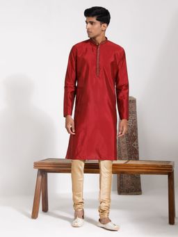 Vastramay - Mens Maroon with Cream Silk Blend Kurta and Pyjama (Set of 2)