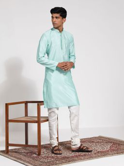 Vastramay - Mens Aqua with Cream Silk Blend Kurta and Pyjama (Set of 2)