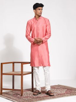 Vastramay - Mens Pink with Cream Silk Blend Kurta and Pyjama (Set of 2)
