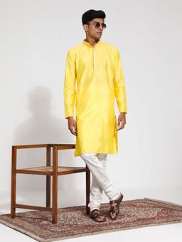 Vastramay - Mens Yellow with Cream Silk Blend Kurta and Pyjama (Set of 2)
