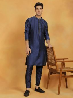 Vastramay - Mens Navy Blue Dupion Silk Kurta and Pyjama (Set of 2)