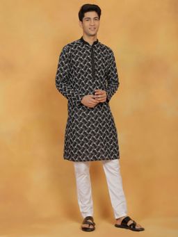 Vastramay - Mens Black with White Cotton Kurta and Pyjama (Set of 2)