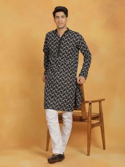 Vastramay - Mens Black with White Cotton Kurta and Pyjama (Set of 2)