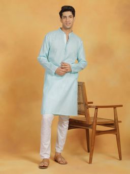 Vastramay - Mens Aqua with White Cotton Kurta and Pyjama (Set of 2)