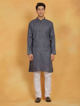 Vastramay - Mens Grey with White Cotton Kurta and Pyjama (Set of 2)
