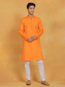 Vastramay - Mens Orange with White Cotton Kurta and Pyjama (Set of 2)