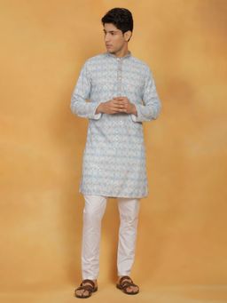 Vastramay - Mens Aqua with White Cotton Blend Kurta and Pyjama (Set of 2)