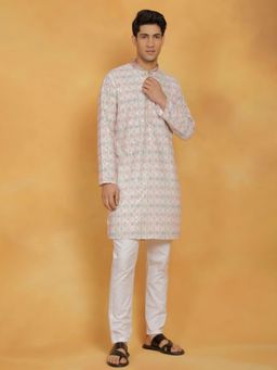 Vastramay - Mens Pink with White Cotton Blend Kurta and Pyjama (Set of 2)
