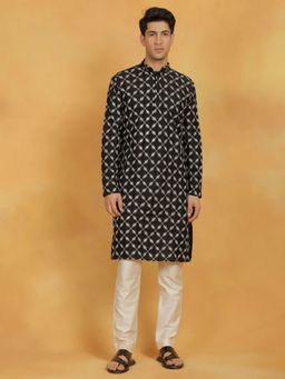 Vastramay - Mens Black with Cream Cotton Blend Kurta and Pyjama (Set of 2)