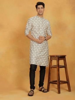 Vastramay - Mens Cream with Black Cotton Blend Kurta and Pyjama (Set of 2)