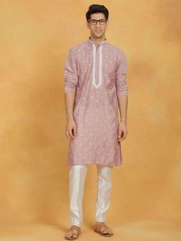 Vastramay - Mens Pink with White Silk Blend Kurta and Pyjama (Set of 2)
