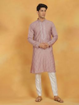 Vastramay - Mens Pink with White Silk Blend Kurta and Pyjama (Set of 2)
