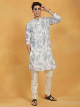 Vastramay - Mens Grey with Cream Cotton Blend Kurta and Pyjama (Set of 2)