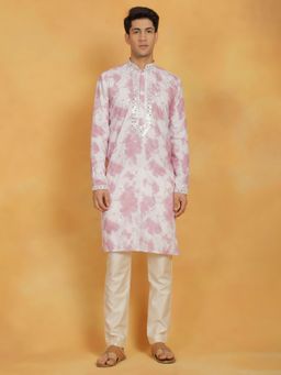 Vastramay - Mens Pink with Cream Cotton Blend Kurta and Pyjama (Set of 2)