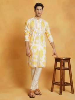 Vastramay - Mens Yellow with Cream Cotton Blend Kurta and Pyjama (Set of 2)