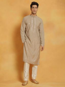 Vastramay - Mens Khaki with Cream Silk Blend Kurta and Pyjama (Set of 2)