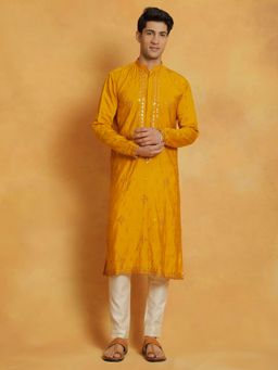 Vastramay - Mens Mustard with Cream Silk Blend Kurta and Pyjama (Set of 2)