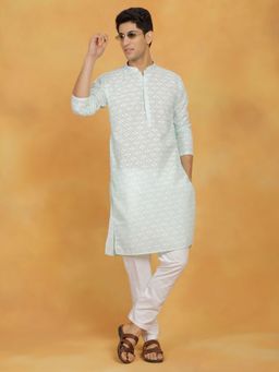 Vastramay - Mens Green with White Cotton Kurta and Pyjama (Set of 2)