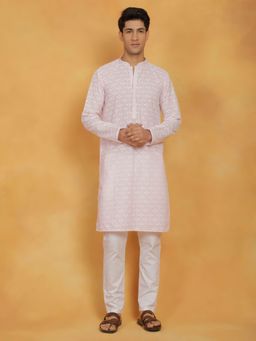 Vastramay - Mens Pink with White Cotton Kurta and Pyjama (Set of 2)