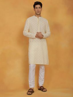 Vastramay - Mens Yellow with White Cotton Kurta and Pyjama (Set of 2)