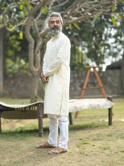 Vastramay - Mens Yellow with White Cotton Blend Kurta and Pyjama (Set of 2)