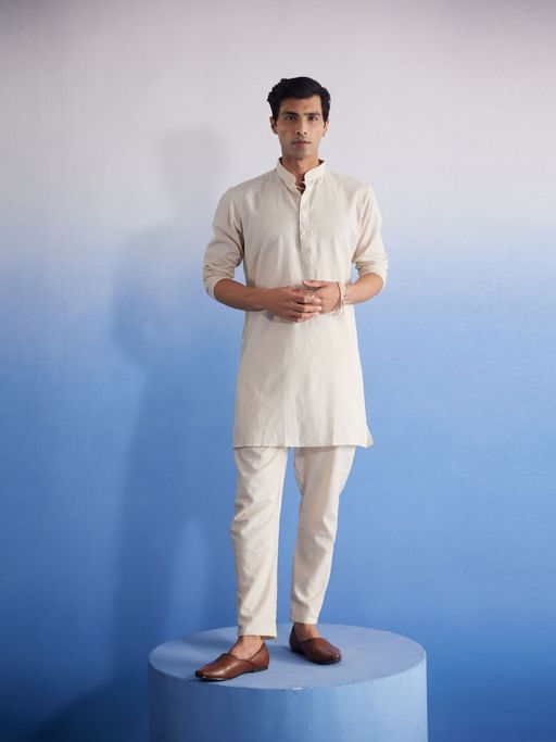 Vastramay Mens Cream Khadi Cotton Kurta and Pyjama (Set of 2)