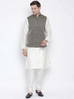 Vastramay - Mens White Silk Blend Jacket Kurta and Pyjama (Set of 3)