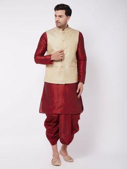 Vastramay - Mens Cream with Maroon Silk Blend Jacket Kurta and Dhoti (Set of 3)