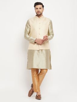 Vastramay - Mens Cream Beige with Rose Gold Silk Blend Jacket Kurta and Pyjama (Set of 3)