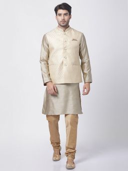 Vastramay - Mens Beige Silk Blend Jacket Kurta and Churidar (Set of 3)