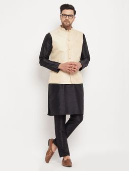 Vastramay - Mens Cream with Black Silk Blend Jacket Kurta and Pyjama (Set of 3)