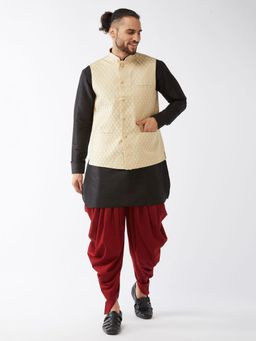 Vastramay - Mens Black Cream with Maroon Silk Blend Jacket Kurta and Dhoti (Set of 3)