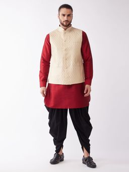 Vastramay - Mens Maroon Cream with Black Silk Blend Jacket Kurta and Dhoti (Set of 3)