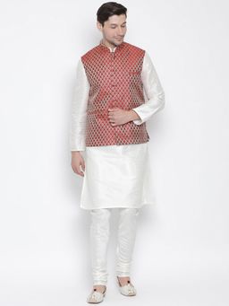 Vastramay - Mens White Silk Blend Jacket Kurta and Pyjama (Set of 3)