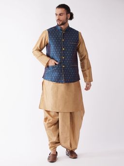 Vastramay - Mens Rose Gold with Blue Silk Blend Jacket Kurta and Dhoti (Set of 3)
