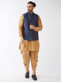 Vastramay - Mens Rose Gold with Blue Silk Blend Jacket Kurta and Dhoti (Set of 3)
